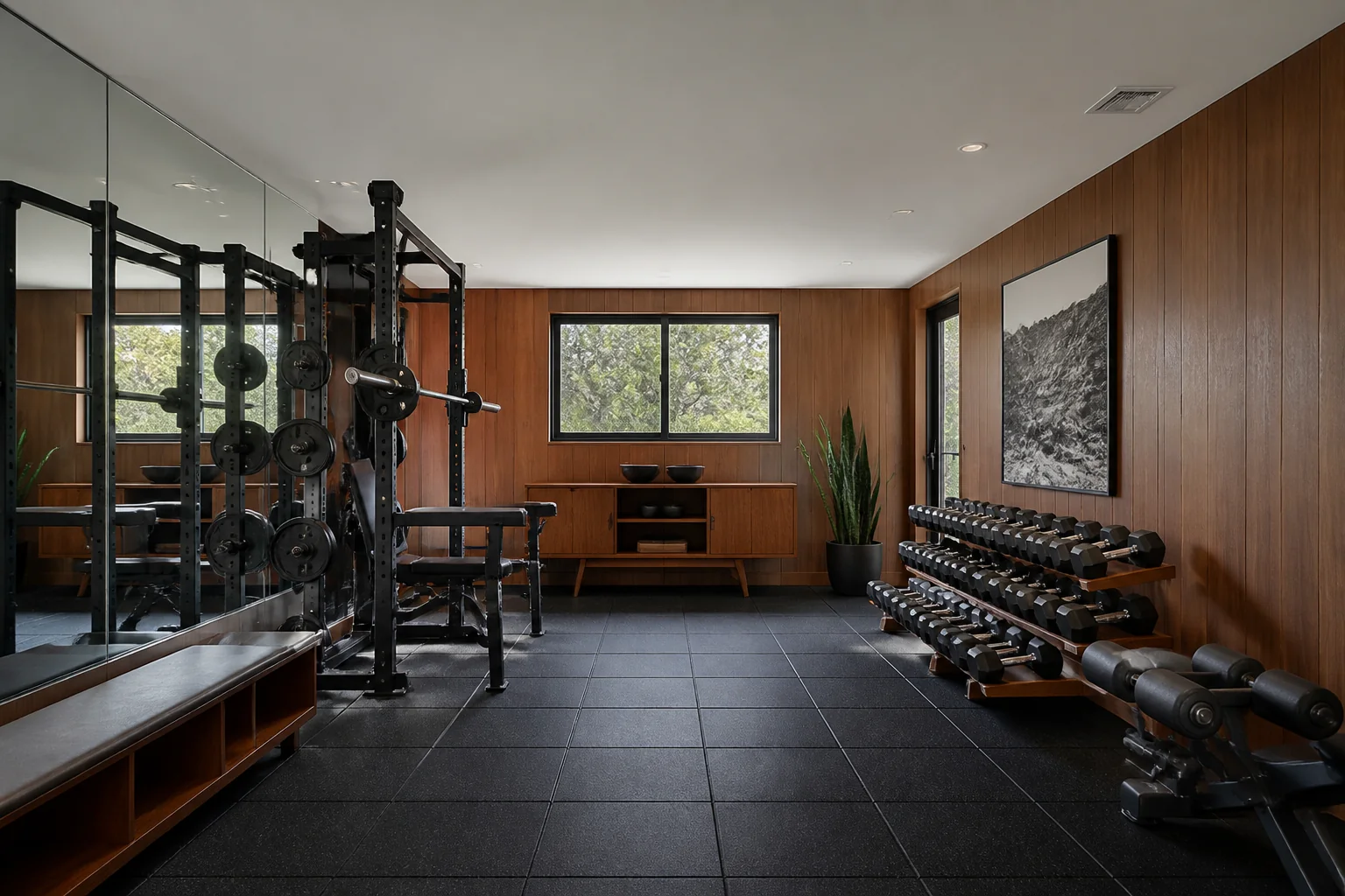 A Mid-Century Modern home gym remodel