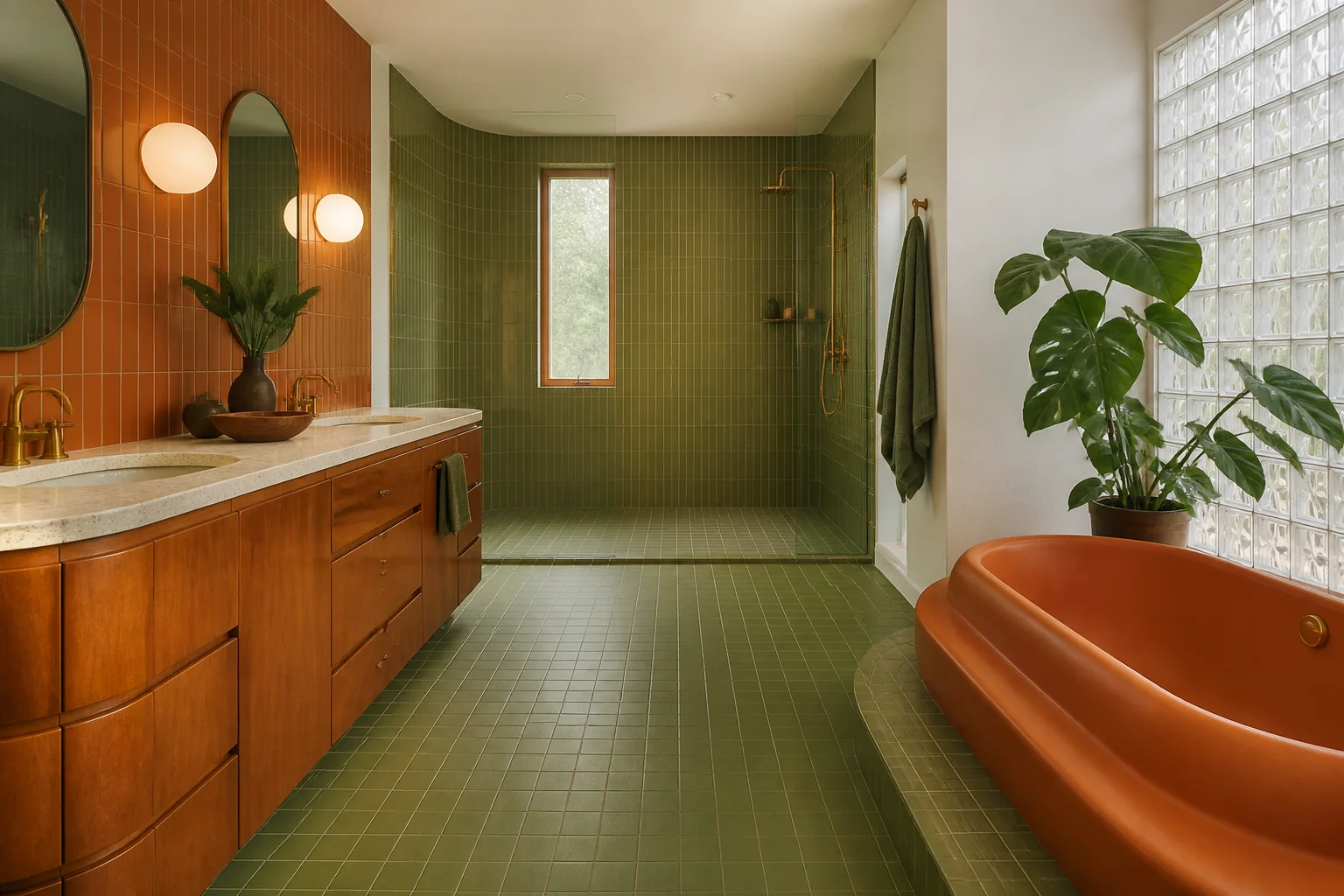 A Retro 70s primary bathroom remodel